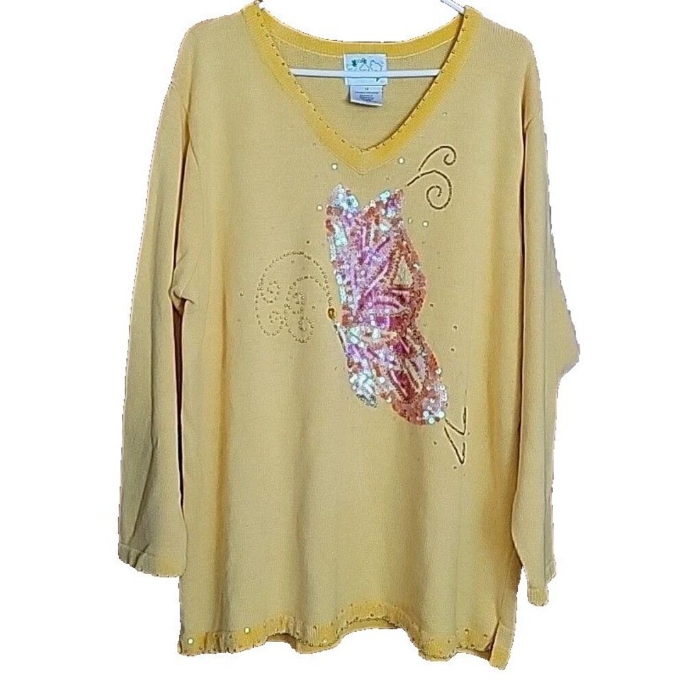 Quacker Factory Sweater Womens 1X Yellow Butterfly V Neck Bling Casual Plus